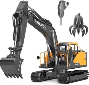 DOUBLE E Volvo 1:16 Scale RC Excavator 3-in-1 Construction Toys with 360° Rotation, Metal Shovel, Drill & Grabber – Professional Grade Remote Control Engineering Vehicle