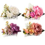 Cinaci 4 Pack Metal Hair Side Combs Slides with Artificial Rose Flower Floral Wedding Bridal Clips Headpieces Hairpins Barrettes Bun Chignon Hair Accessories for Women Flower Girls Brides Bridesmaids