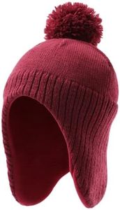 Tough Headwear Boys & Girls Ear Flap Beanie - Fleece Lined Beanie Kids, Toddler Winter Hat, Pom Pom Beanie Toddler Knit Cap Deep Red