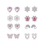 LOUMILEO Sterlings Silver Stud Earrings for Women S925 Silver Stud Earrings for Girls Cute Cat Butterfly Heart Silver Studs Cubic Zirconia Hypoallergenic Small Stud Earrings Set 8Pairs