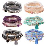 JeryWe 44 Pcs 6 Set Boho Beaded Bracelets for Women,Multi-Layer Stretch Bangles Charm Tassel Bracelet Stackable Elastic Bracelet