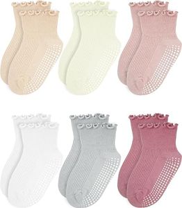 Sooneeya Toddler Ruffle Ankle Socks Frilly and Non-Slip Socks for Baby Girls 1-2T 6 Pairs White Beige Grey Orange Pink Deep Pink