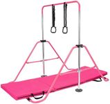 M.J COMFY-LIFE Gymnastics Bar with Three-fold mat and Rings, Horizontal Bar, Kids Gymnastics Equipment-5 adjustable heights-Quick storage (Pink Bar + Pink Mat)