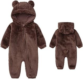 Baby Boy's Zipper Romper Fleece Jumpsuit Solid Bear Hooded Snowsuit Footie Onesie Brown 9-12Month