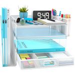 Desk Organizer with File Holder, 4-Tier Letter Paper Tray Organizer with Drawer & 2 Pen Holders, Desk Organizers and Accessories, Mesh Desktop File Organizer and Storage for Office Supplies (White)