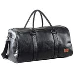 Leather Travel Bag with Shoe Pouch, Waterproof Weekender Overnight Bag, Large Carry On Duffel Bag for Men Women-Black