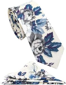 ZENXUS Mens Casual Skinny Floral Tie Combo Set with Flower Pocket Square 2½" Cotton Necktie Hand Made, Beige Peony