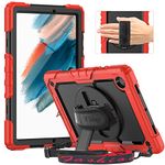 Timecity Case for Samsung Galaxy Tab A8 Case 10.5 Inch 2022 (SM-X200/X205/X207), Full-Body Protective Shockproof Case with Screen Protector, 360 Rotating Stand and Hand/Shoulder Strap for Tab A8, Red