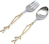 Twig Salad Servers Brass & Stainless Steel, Fork & Spoon Set Leaf Design, Two Tone Ideal for Weddings, Dinner Parties, Elegant Flatware, Housewarming Gifts, Stainless Steel Mirror Polished (Gold Twig)