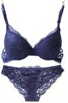 Nanier Women's Solid Lace Push up Bra Set Navy Blue 32B