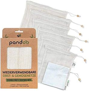 pandoo Set de 7 Redes para Frutas y Verduras de algodón orgánico | 6 Redes de Compras, incluida una Bolsa para Pan | Compras sin plástico y sin Embalaje | Bolsas de Compras Reutilizables