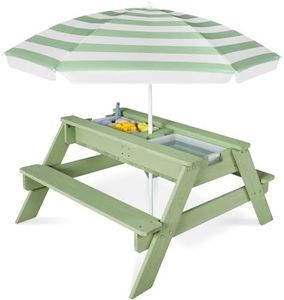 Best Choice Products 3-in-1 Sand and Water Table for Toddlers, Kids Picnic Table with Umbrella, Seats up to 4, 220 lb Capacity Per Bench, Removable Top Panel, 2 Buckets - Sage