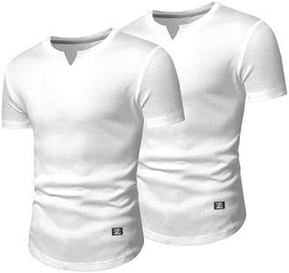 JMIERR Men's 2 Pack Muscle Slim Fit T-Shirt V Neck Hipster Longline White Henley Shirt Short Sleeve Fitted Tees Shirts for Men, L