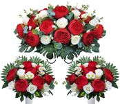 AILVEMEE Artificial Cemetery Flowers for Grave with Vase,Cemetery Saddle Flowers for Headstone,Memorial Bouquet with Vase,Weather Resistant,Easy use:Red Peony,White Rose, Daisy