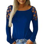 Blouses Women TUDUZ Ladies Fashion Crew Neck Hollow Out Studded Long Sleeve T Shirts Casual Pullover Tops(YC Blue,3XL)