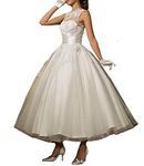 ANJURUISI Women's Lace Scoop Sleeveless Tea Length Tulle Bride Ball Gown Wedding Dresses Ivory-UK20