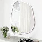 HLFMVWE Irregular Oval Wall Mirror Large White 20"x16" Inches Asymmetrical Mirror Modern Wood Frame Unique Shape Wall Mounted Vanity Artistic Mirror Decor for Living Room Bedroom Bathroom Entryway