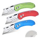 3Pack Folding Utility Knife, Stainless Steel Box Cutter with Quick Change Blade and Belt Clip for Cartons, Cardboard and Boxes, Extra 12pcs SK5 Blade