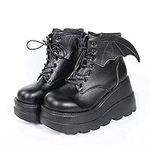 Ulalaza Dark Bat Wing Ankle Boots for Women Wedge Chunky with Sassy Platform Boot Round Toe Lace up Side Zipper High Heel Women Boot Stretch Fabric Soft Skin-Friendly and fit Around The Ankle