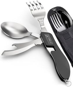 Orblue 4-in-1 Camping Utensils, 2-Pack, Portable Stainless Steel Spoon, Fork, Knife & Bottle Opener Combo Set - Travel, Backpacking Cutlery Multitool, Black