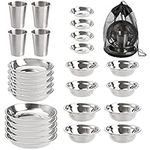 TOPZEA Set of 26 Stainless Steel Camping Plates and Bowls, Camping Mess Kits Camping Dish Set Tableware includes Plates, Bowl, Cups, Stainless Steel Dinnerware for Camping, Hiking, Travel, Picnic