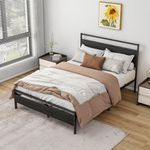 BORPHOM Double Bed Frame with Storage Wooden Headboard Shelf,Metal Platform Wooden Bed Frame Double Bed No Box Spring Needed,Mattress Foundation,Strong Metal Slats,Under-bed Storage,Noise Free,Black