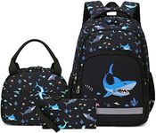 School Backpacks Set for Girls Boys Teens, Kids Elementary Middle School Bag Bookbag with Insulated Lunch Bag Pencil Case (Shark)