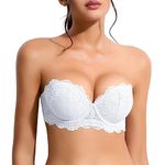 Plusfreeee Push Up Strapless Lace Bra Thick Padded Add 2 Cup with Clear Straps Convertible Underwire Balconette White