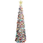 YOLOK 6 FT Christmas Tree, Pop Up Pencil Christmas Tree, Collapsible Artificial Christmas Tree Skinny Pencil Tinsel Christmas Trees, Xmas Tree for Home Apartment Basement Fireplace (Silver Coloured)