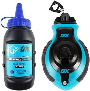 OX Tools Professional Chalk Line Reel & Chalk Powder Combo Pack, 6-to-1 gear ratio, 100' 8 Strand Strong compact chalk line and Blue Chalk Powder | P503502