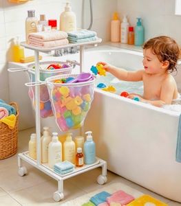 Bath Toy Storage Holder, Quick Drying Bathtub Toy Organizer with 2 Hanging Mesh Net and Shower Caddy, Large Bath Tub Toy Bin Easy Access, Freestanding Bathroom Toys Basket Cart for Toddler
