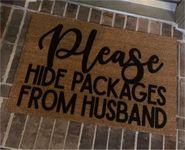 Ecosides Please Hide Packages from Husband, Door mat, Funny Doormat, Wedding Gift, Housewarming gift, Home Doormat, Welcome mat, Cursive Doormat