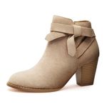 Carcuume Ankle Boots for Women,Wide Ankle Tie Knot,Side Zipper,Round Toe,Chunky Heels,Boots for Women, Beige, 6 UK