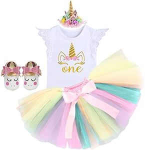 IZKIZF Newborn Girls 1st Birthday Cake Smash Bodysuit Tutu Skirt Dress Unicorn Headband Shoes 4Pcs Outfits White