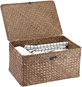 Hipiwe Wicker Shelf Baskets Bin with Lid, Handwoven Seagrass Basket Storage Bins Rectangular Household Basket Boxes for Shelf Wardrobe Home Organizer, Coffee Large