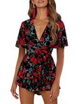 AIMCOO Women's Floral Print Deep V-Neck Romper Double Layer Ruffle Hem Jumpsuits Long Baggy Sleeves Waist Tie Short Rompers, 02 T2, Large