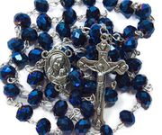 Nazareth Store Deep Blue Crystal Beads Rosary Catholic Necklace Holy Soil Medal Cross Crucifix Velvet Bag For Womens