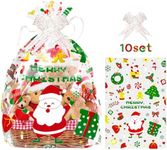 WeDoSoy 10 Pcs Christmas Cellophane Baskets Gift Bags Large 16x24 inch with 10pcs Christmas Bows for Gift Wrapping Holiday Party Supplies