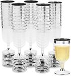 Juvale 50 Pack 7 Oz Clear Plastic Wine Glasses for Parties, Silver Rimmed Goblet Cups with Stems for Weddings