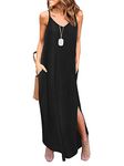 HUSKARY Women's Summer Casual Sleeveless V Neck Strappy Split Loose Dress Beach Cover Up Long Cami Maxi Dresses with Pocket Black