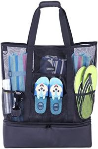 Leberna Mesh Beach Bag with Cooler, Waterproof Sandproof Beach Tote Pool Bags for Beach Vacation Essentials(Black01)