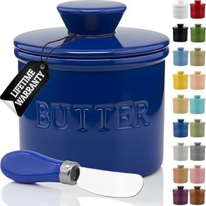 Priority Chef Large Butter Crock with Lid with Water Line, Ceramic French Butter Dish to Leave On Counter, Dark Blue