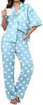 Famulily Women's Plus Size Pajama Set Printed Short Sleeve Button Top and Elastic Waist Pants with Drawstring Blue XL
