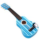 SOKA Wooden Blue Striped Guitar Musical Instrument Pretend Play Music Toy Interactive Role Play Game Early Developmental Gift for Children Toddler Kids Boys Girls Ages 3 year old +