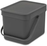 Brabantia Sort & Go Food Waste Bin (6L / Grey) Small Countertop Kitchen Compost Caddy with Handle & Removable Lid, Easy Clean, Fixtures included for Wall/Cupboard Mounting, Grey
