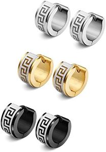 Jstyle 3 Pairs Men's Hoop Earring Stainless Steel Hoop Earrings for Men Women Huggie Earrings Unique Greek Key Fashion Huggie Earrings Piercing Jewelry