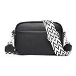 YILCER Crossbody Bag for Women, Small Genuine Leather Camera Handbag Wide Strap Ladies Cross Body Bag, Pom Pom Bags Crossover Shoulder Bags with Adjustable and Removable Guitar Strap, Black