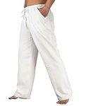 Lisskolo Men's Drawstring Cotton Linen Beach Pants Summer Casual Elastic Waist Lounge Yoga Pant Pajamas White XX-Large