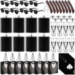 Tioncy 48 Pcs Groomsmen Proposal Gift 8 Engraved Pocket Knife 8 Groomsmen Gift Bags 8 Groomsmen Shot Glasses with Tuxedos 8 oz Stainless Steel Hip Flask 8 Poker Card Bottle Opener 8 Sunglasses