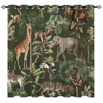 YUANZU Safari Wild Animal Curtains - Bear Giraffe Elephant Cheetah Zebra Jungle Forest Print Pattern Eyelet Blackout Thermal Insulated Darkening Window Drapes for Kids Bedroom 2 Panels W117cm x D137cm